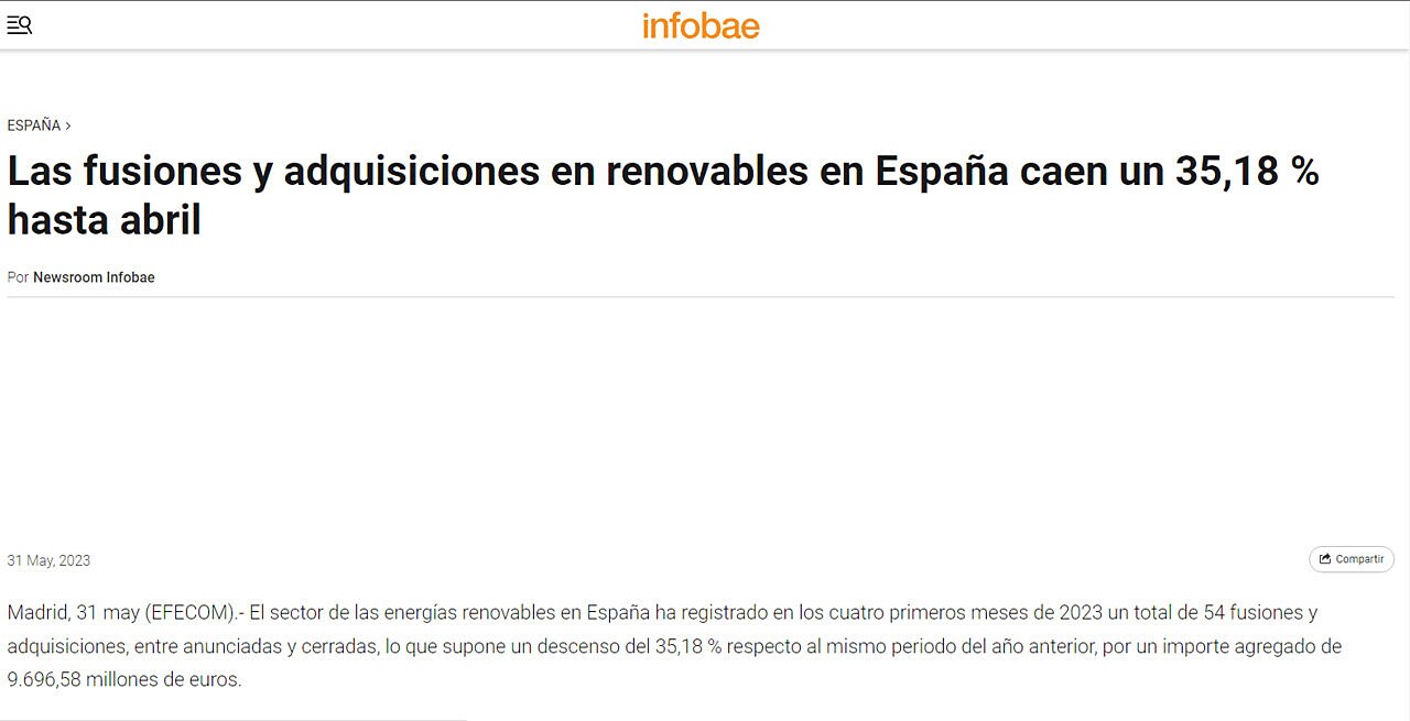 Las fusiones y adquisiciones en renovables en Espaa caen un 35,18 % hasta abril
